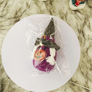 Detail of purple Halloween gnome plush with white beard and pumpkin in clear packaging