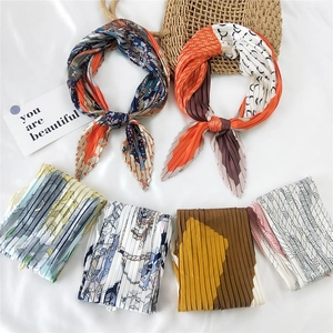 Pleated square neck scarf set with trendy nautical and floral patterns on silk-like fabric