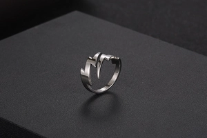 Close-up of polished stainless steel lightning bolt ring with a sleek silver finish