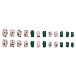 Green french press-on nails set with glitter leaves and gold foil in short square shape