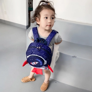 Toddler anti-lost backpack featuring 3D blue space rocket design with safety leash
