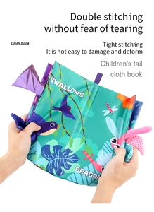 Detail of durable double stitching on cloth book with fabric animal tails for babies