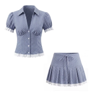 Women Blue White Gingham Shirt And Pleated Mini Skirt Cotton Blend Lace Trim V-Neck French Vintage Cottagecore Style