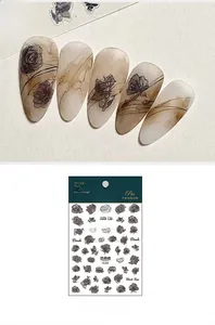 Detail of FS-005 nail stickers featuring dark vintage black rose and ink art designs