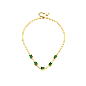 Gold-plated stainless steel snake chain necklace with five emerald green square crystals