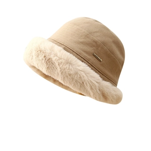 Winter khaki plush bucket hat with faux fur trim and gold metal tag for women