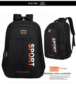 Front and side view of large black Oxford backpack with orange SPORT logo and metal label