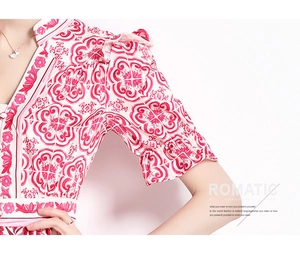 Detail of red floral embroidery on V-neckline and puff sleeve of vintage print dress