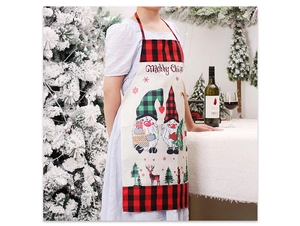 Christmas gnome apron featuring red black plaid trim in a cozy festive dining scene