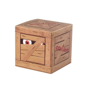 Halloween wood grain gift box with caution text and spooky red eyes on white background