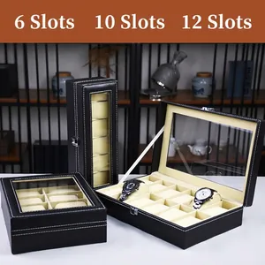 Black PU leather watch organizer box with glass window in 6, 10, and 12 slots sizes