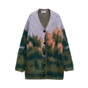 Women's V-neck knit cardigan featuring abstract landscape mohair texture in purple and orange