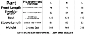 Detailed size chart for oversized hooded cotton jacket with S to L measurements