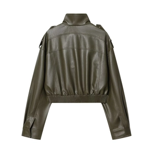 Detail view of the back of a dark green faux leather jacket with elastic waist and epaulettes