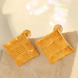 Minimalist square C-shaped 18k gold plated stainless steel earrings with woven texture