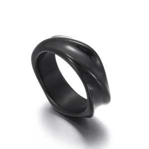 Irregular twisted geometric stainless steel ring with a polished black glossy finish