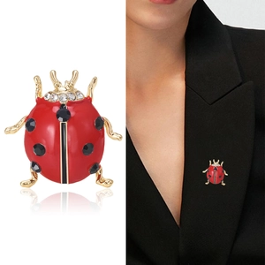 Exquisite red enamel ladybug brooch with gold finish and sparkling rhinestones for women
