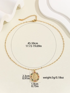 Detailed view of Virgin Mary gold pendant with colorful zircons and size measurements