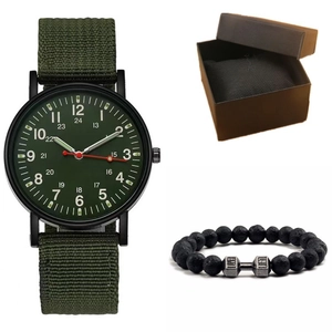 Montre à bracelet en nylon vert armée et ensemble de bracelet en pierre de lave