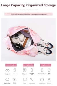 Pearlescent pink swim bag showing spacious interior with separate shoe compartment and storage