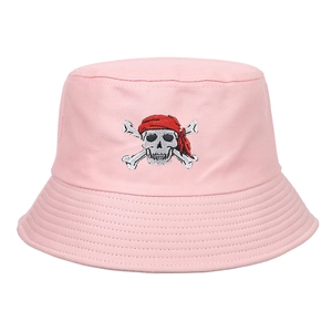 Rosa Anglerhut aus Baumwolle mit Piraten-Totenkopf-Stickerei für den Sommer