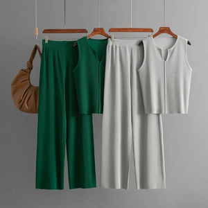 Women Ribbed Knit Sleeveless V Neck Tank Top And High Waist Wide Leg Pants Casual Commuter Summer Outfit Viscose