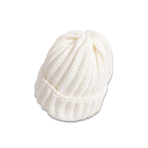Detail of white chunky knit beanie featuring thick texture and cozy wide folded brim style
