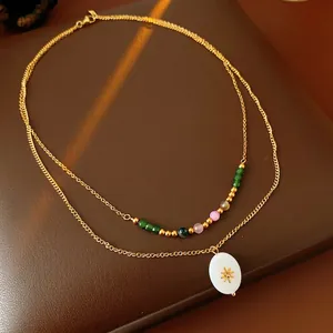 Double Layer Stainless Steel Agate Beads Necklace With Shell Starburst Pendant Vintage Clavicle Chain For Women