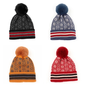 Winter Knit Beanie Hat Acrylic Mink Fur Pom-Pom Ethnic Snowflake Pattern Warm Cuffed Skull Cap
