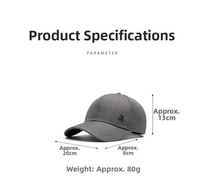 Detail view of dark grey baseball cap with R logo showing 13cm height and 80g weight