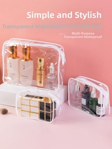 Detailed set of three transparent PVC waterproof makeup bags with zipper closure