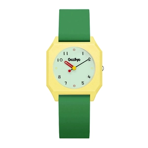 Fashionable student quartz watch with yellow octagonal case and green silicone strap