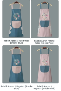 Detail of waterproof kitchen aprons featuring bunny prints and side hand-wipe towels