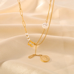 Double-layered 18k gold plated titanium necklace with pearl, B pendant and coin on satin