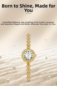 Detail view of Bee Sister gold watch with rhinestone bezel and roman numeral dial