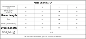 Detailed size chart for women's plaid tiered short dress from XS to L in centimeters