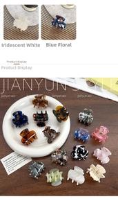 Mini acetate hair claws in various patterns like marble, floral, and cow print patterns