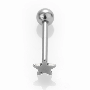 Close-up of a silver stainless steel tongue stud featuring a star top and ball end