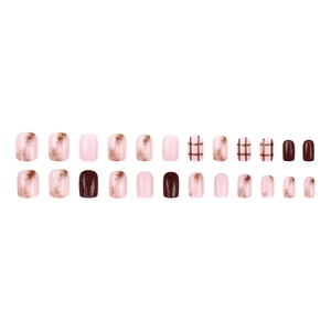 Pink and brown Japanese checkered press-on nails with 24 pieces in various sizes