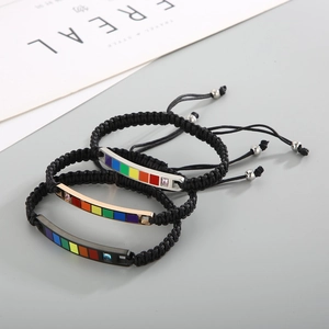 Adjustable rainbow curved plate bracelets with black woven cord in three metal finishes