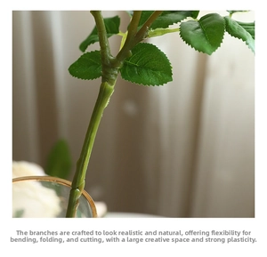 Detail of lifelike green rose stem with realistic texture and flexible leaves
