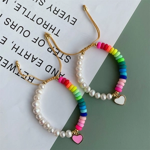 Natural Freshwater Pearl And Rainbow Heishi Beads Bracelet With Enamel Heart Pendant Adjustable Cord Handmade Jewelry