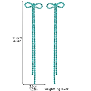 Blue rhinestone bow tassel drop earrings measuring 11.8cm long and 2.6cm wide