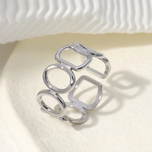 Minimalist silver stainless steel ring with hollow circular and rectangular geometric design