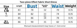 Size chart for crinkle fabric two-piece effect short dress including XS to L measurements
