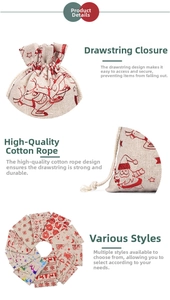 Detail of Christmas burlap drawstring bags with festive reindeer and Santa prints