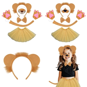 Lion Animal Costume Accessories Plush Ears Headband Tail Bowtie For Kids Halloween Party Performance Dress Up