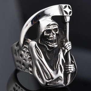 Macro shot of Gothic Grim Reaper ring in vintage silver finish with black accents