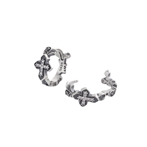 Vintage S925 sterling silver hoop earrings with diamond cross and floral engraving