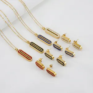 Stainless Steel Jewelry For Women Oval Hollow Rhinestone Pendant Necklace And Earrings Elegant 18K Gold Plated